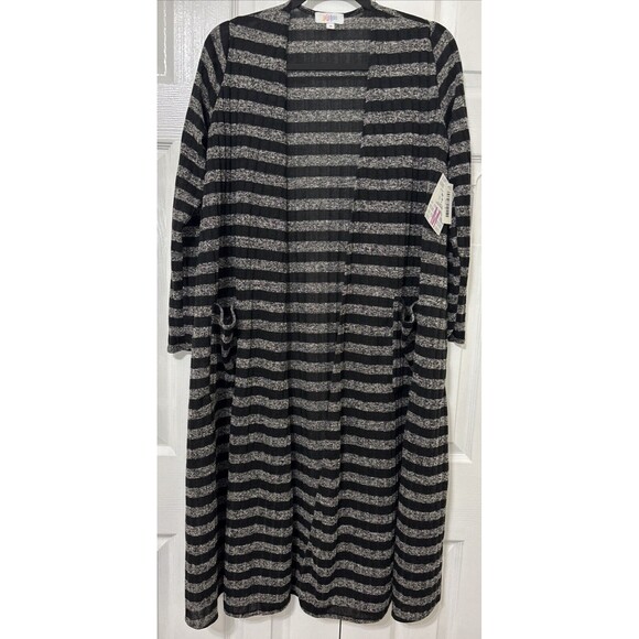 LuLaRoe Sarah Long Sleeve Drape Duster Cardigan Sweater Med Black White Stripe - Picture 1 of 5